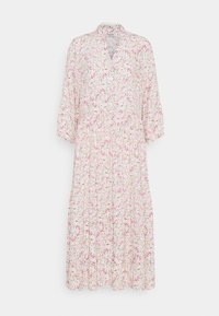 Blommig midiklänning med V-ringning och trekvartsärmar. Tillverkad av lätt tyg med ett rosa och grönt blommönster. Samlad midja.