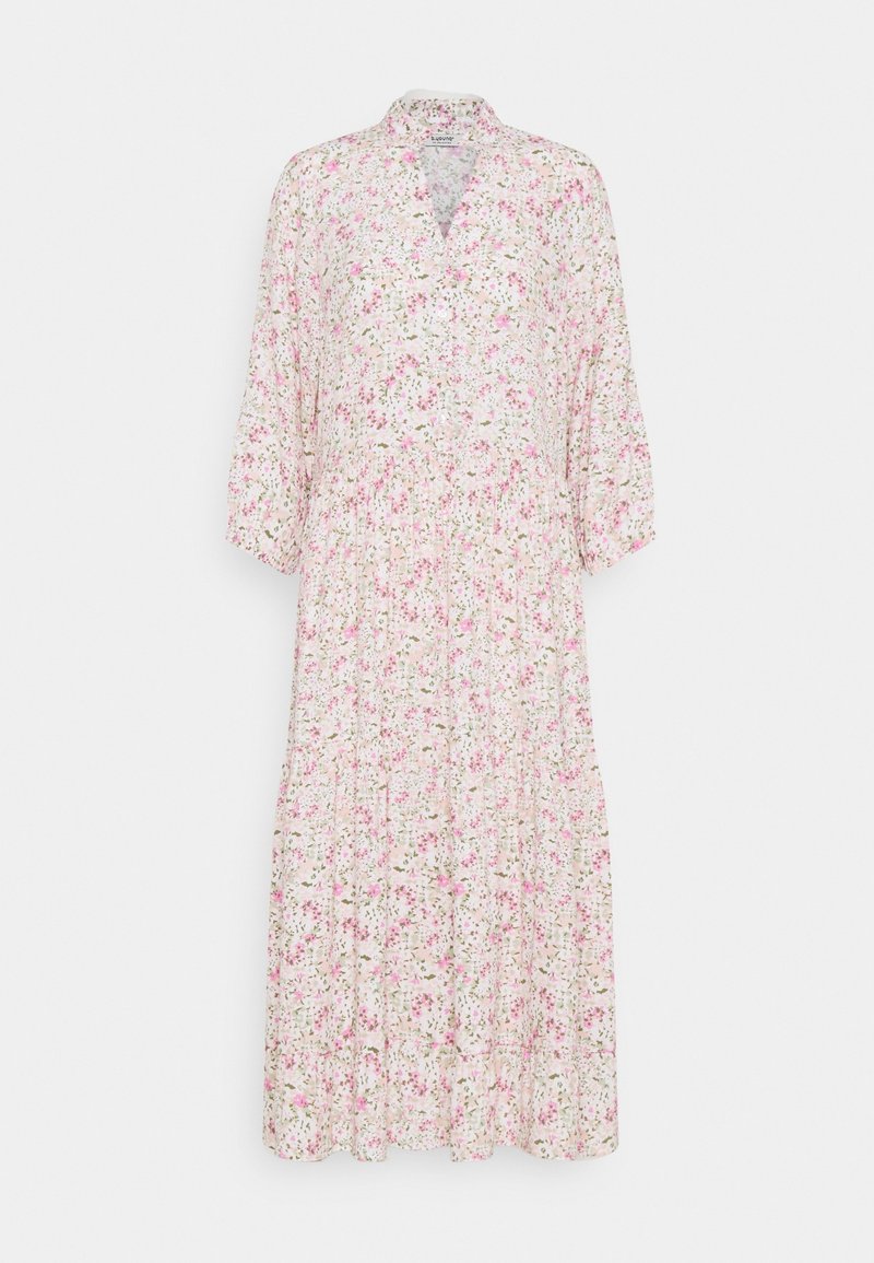 Blommig midiklänning med V-ringning och trekvartsärmar. Tillverkad av lätt tyg med ett rosa och grönt blommönster. Samlad midja.