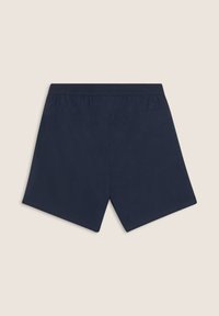 Shorts blu scuro con vita elastica, realizzati in tessuto liscio. Caratterizzati da un design semplice e taglio dritto. Nessuna tasca o accentuazione visibile.
