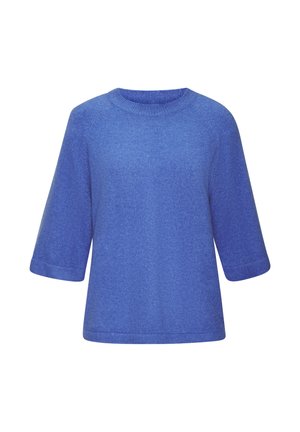 Blue knitted sweater with elbow-length sleeves and a round neckline, displayed against a white background.
