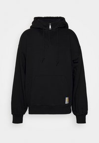 Felpa con cappuccio nera realizzata in materiale morbido, con mezza zip, tasca a marsupio e polsini a coste. Include una piccola patch con il logo.