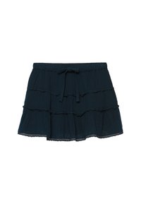 Mini-jupe noire à volants avec taille élastique et cordon de serrage noué, ornée de détails froufroutants et d'une bordure en dentelle à l'ourlet.