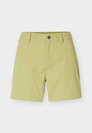 Jasnozielone, casualowe szorty z szlufkami na pasek, zapięciem na guzik z przodu oraz kieszeniami bocznymi na jednolitym tle.