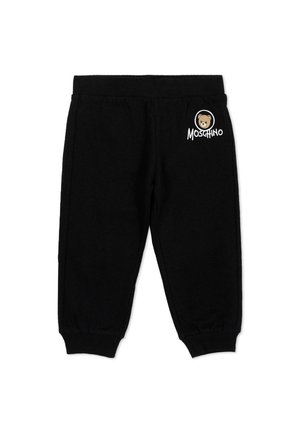 Zwarte peuter joggingbroek met elastische taille en boorden, met een klein teddybeertje en het Moschino-logo op het bovenste linkerbeen.