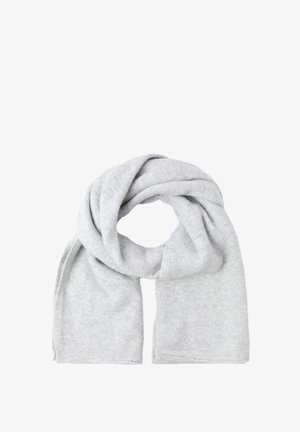 Lys grå tørklæde lavet af blødt materiale, med et enkelt design med afrundede kanter og uden synlige mønstre eller hardwaredetaljer.