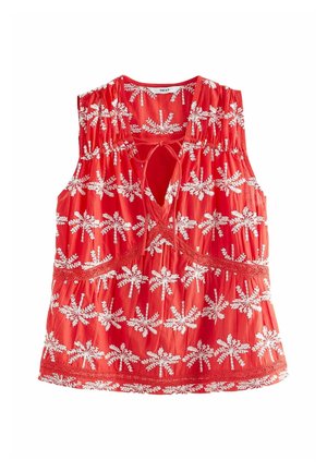 Rode mouwloze blouse met witte geborduurde palmboommotieven, kantafwerking en een voorgebonden keyhole-halslijn.