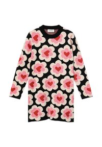 Vestido de punto negro de manga larga con un patrón de grandes flores blancas, pétalos rosas y formas de corazones rojos en el centro.