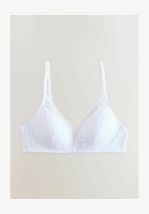 Biały stanik z kwiecistym wzorem koronki, w kształcie trójkąta, z szerokim pasem pod spodem i cienkimi regulowanymi ramiączkami. Gładka tekstura z misternym wykończeniem.