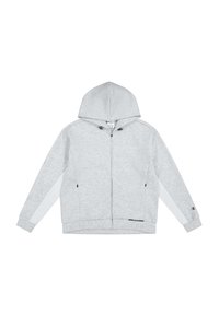 Felpa grigia con zip, cappuccio regolabile tramite lacci, tasche laterali, inserti bianchi sui maniche e un logo sulla manica destra.