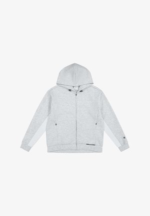 Grauer Reißverschluss-Hoodie mit einer Kapuze mit Kordelzug, seitlichen Taschen, weißen Paneleinsätzen an den Ärmeln und einem Logo am rechten Ärmel.