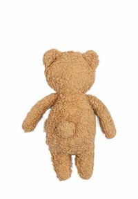 Strukturierter, hellbrauner Teddybär mit runden Ohren, einem runden Schwanz und einem weichen, zotteligen Aussehen. In Richtung vom Betrachter positioniert.