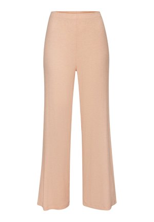 Pantalons larges en tricot côtelé pêche avec une texture lisse, dotés d'une taille élastique et d'une coupe longueur sol.