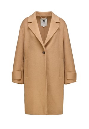 Manteau en mélange de laine beige avec un col cranté, fermeture à un bouton, poches latérales et grands poignets. Silhouette lisse et droite.