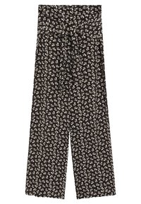 Czarne spodnie z szerokimi nogawkami w biały kwiatowy wzór oraz dopasowany pasek z tego samego materiału zawiązany w talii.