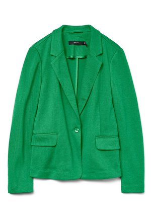 Enkeltknappet, livligt grønt damesblazer med notch revers og to forlommer med klap, lagt fladt på hvid baggrund.