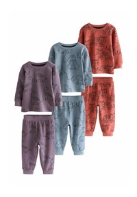 Set of children's clothing: purple with dinosaur print, blue with car print, and orange with tiger print, all in comfortable fabric.