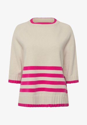 Maglione color crema con scollo e polsini a coste. Presenta righe orizzontali rosa e una vestibilità morbida, con un tessuto lavorato a maglia strutturato.