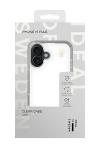 Gennemsigtig telefonetui til iPhone 16 Plus, der har et transparent design, holdbart materiale, præcise udskæringer til kameraer og mærket emballage.