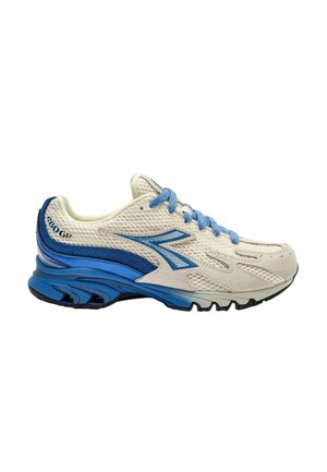Scarpa da corsa beige chiaro e blu con tomaia in mesh, lacci blu, suola ammortizzata e logo del marchio sul lato e sul tallone.