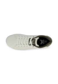 White lace-up sneaker with a smooth leather upper, rounded toe, grey textile lining, and a black and grey logo on the insole.
