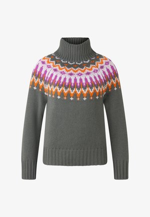 Gray knitted turtleneck sweater with multicolored orange, purple, white, and dark gray geometric pattern around shoulders and chest.