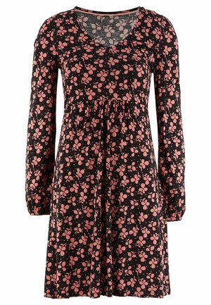 Sort langærmet kjole med pink blomsterprint, rynket talje og rund halsudskæring.