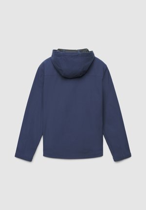 Giacca blu marina con cappuccio, caratterizzata da un esterno liscio, tessuto leggermente strutturato e fodera interna grigia a contrasto.