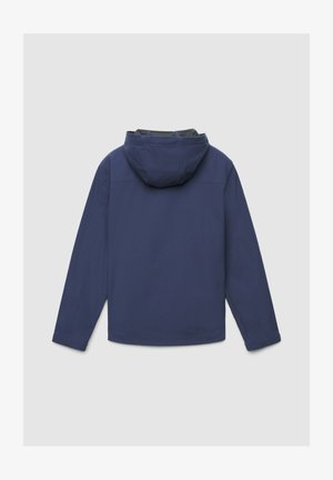 Giacca blu marina con cappuccio, caratterizzata da un esterno liscio, tessuto leggermente strutturato e fodera interna grigia a contrasto.