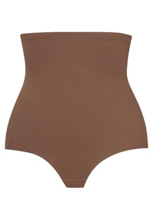 Faja de talle alto color marrón con una tela suave y elástica. El diseño cuenta con un borde superior sin costuras y una forma contorneada en la parte inferior.