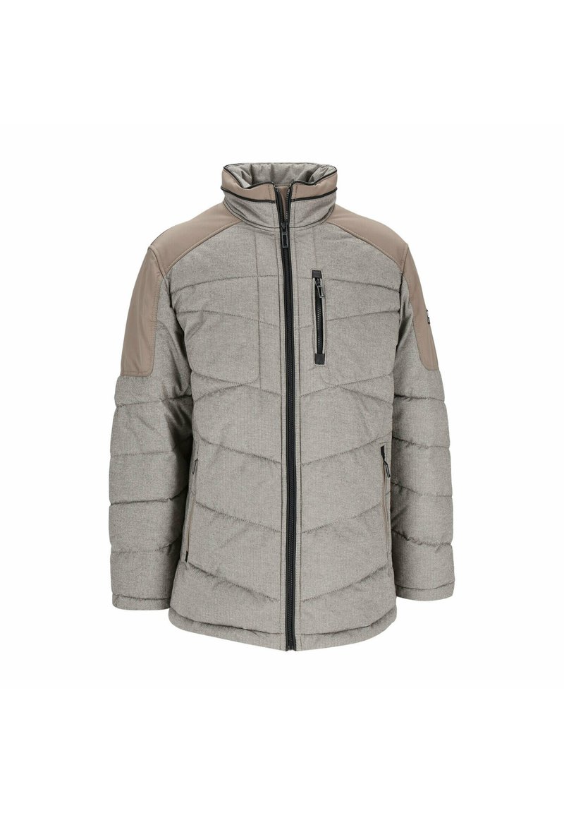 Hellgraue gepolsterte Jacke mit hohem Kragen, taupefarbenen Schulterpatches und schwarzen Front- und Brust-Reißverschlusstaschen, frontseitig präsentiert.