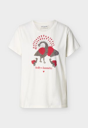 Hvit T-skjorte med korte ermer, med rød og grå stilisert fuglegrafikk og teksten "lollys laundry" med et lite rødt hjerte under.