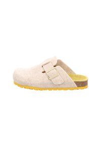 Beige filz Clogs mit einer gelben Gummisohle und Schnallendetail. Offenes Rückendesign mit einer weichen, strukturierten Oberfläche.
