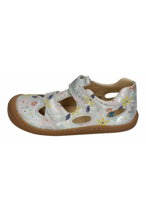 Child's closed-toe sandal with floral pattern, two adjustable straps, cut-out sides, and a brown rubber sole.