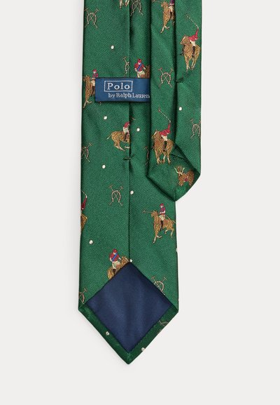 Πράσινη μεταξωτή γραβάτα με κεντημένους παίκτες πόλο επάνω σε άλογα, λευκές βούλες, ναυτικό μπλε άκρο και ετικέτα "Polo by Ralph Lauren".