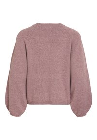 Pull en maille mauve avec de longues manches ballon et des poignets côtelés, vu de dos sur fond blanc.