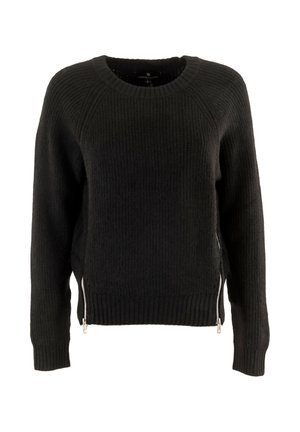 Maglione nero a coste con scollo rotondo, maniche lunghe e zip laterali. Presenta una finitura testurizzata e un orlo aderente.