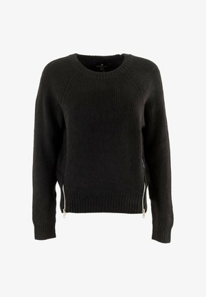 Maglione nero a coste con scollo rotondo, maniche lunghe e zip laterali. Presenta una finitura testurizzata e un orlo aderente.