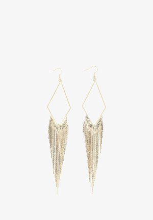 Guldtonede diamantformede øreringe med en kanten af kædelignende komponenter, der skaber en tekstureret, lagdelt effekt. Letvægtsdesign.