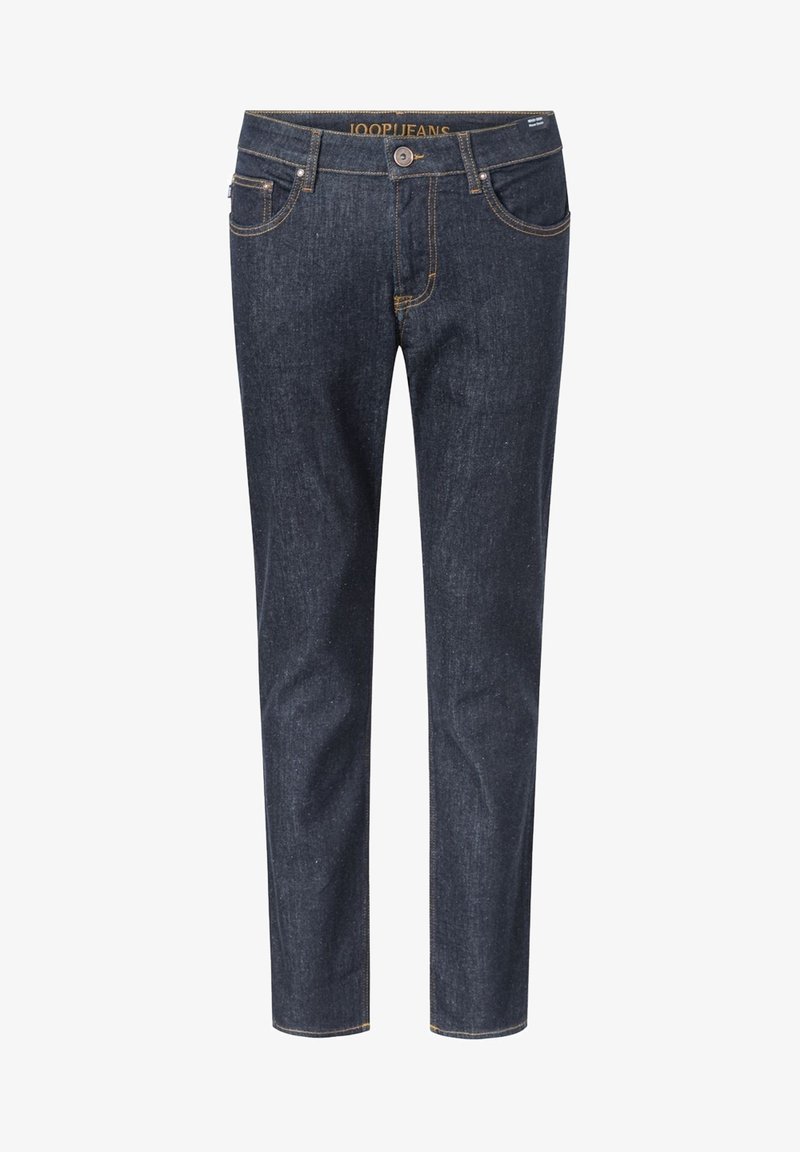 Donkerblauwe slim-fit jeans met steekzakken aan de voorkant, knoopsluiting en opvallende contrasterende stiksels op de tailleband en zakken.