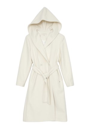 Robe bianca con cappuccio realizzata in un materiale morbido, caratterizzata da un design avvolgente, due bottoni e una cintura da annodare in vita. Senza motivi visibili.