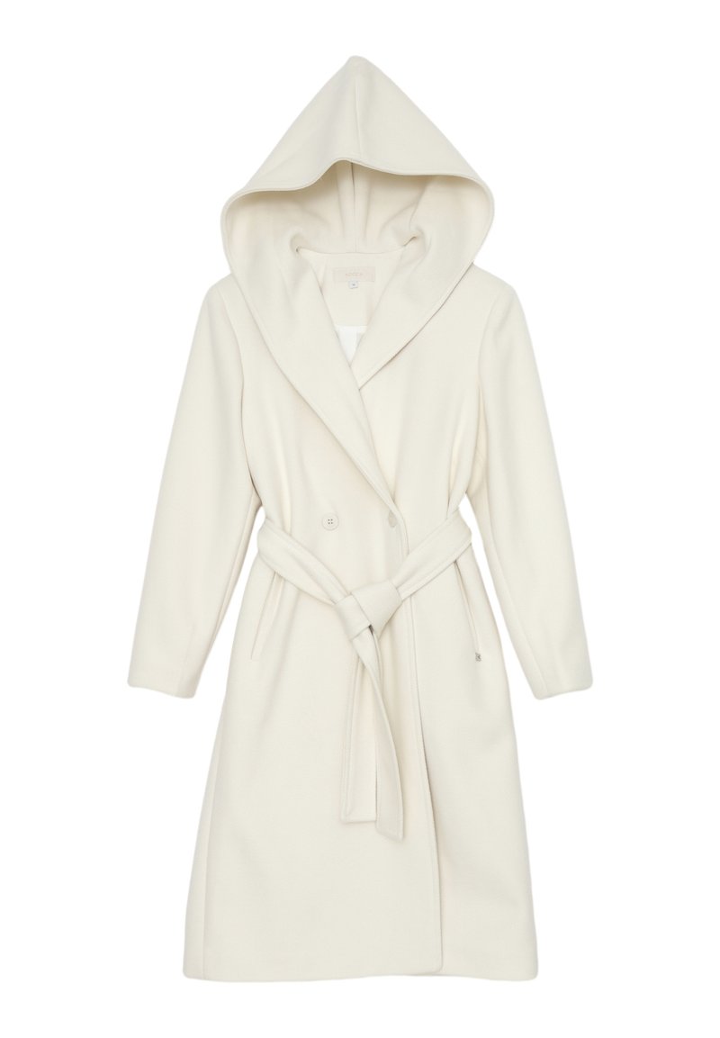 Robe bianca con cappuccio realizzata in un materiale morbido, caratterizzata da un design avvolgente, due bottoni e una cintura da annodare in vita. Senza motivi visibili.