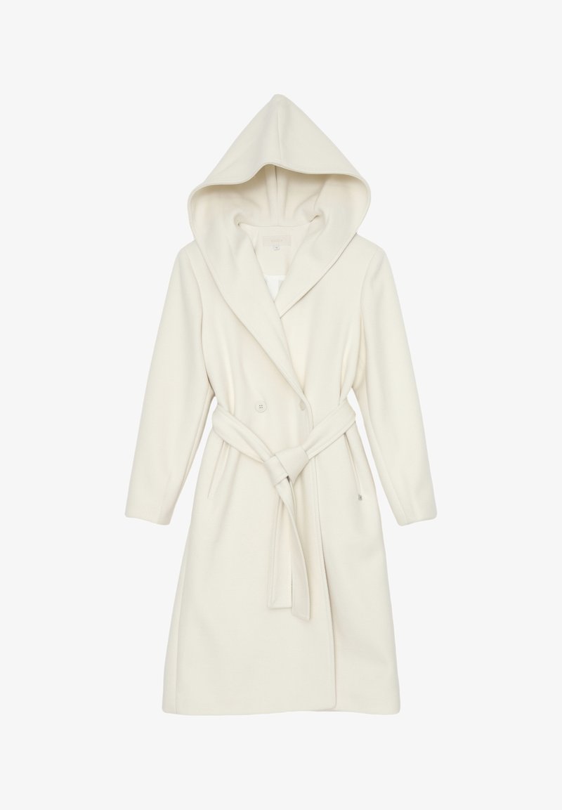 Robe bianca con cappuccio realizzata in un materiale morbido, caratterizzata da un design avvolgente, due bottoni e una cintura da annodare in vita. Senza motivi visibili.