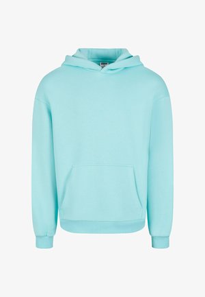 Helltürkiser Hoodie aus weichem Stoff; verfügt über eine Fronttasche, eine Kordelzugkapuze und gerippte Bündchen. Entspanntes Silhouette und glatte Textur.