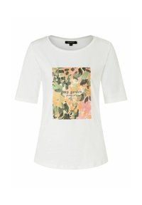 White cotton t-shirt with short sleeves, featuring a square graphic print of green and pink leaves and the text "my garden plenty of joy."