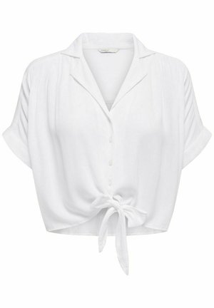 Chemise blanche à manches courtes avec col, fermeture à boutons et détail de nœud au bas. Fabriquée en tissu léger et texturé.