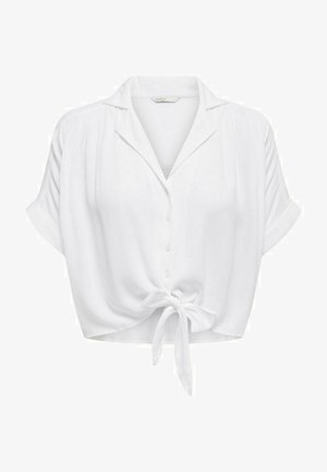 Biała koszula krótki rękaw z kołnierzykiem, z przodu zapinana na guziki, z węzełkowym detalem u dołu. Wykonana z lekkiego, teksturowanego materiału.