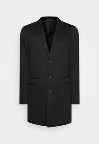 Cappotto in misto lana nero con chiusura a due bottoni, revers classici e due tasche frontali. Tessuto liscio con vestibilità su misura.