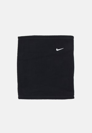 Črna flis vrhnja šala z gladko teksturo in belim Nike logotipom spredaj; z elastičnimi robovi na vrhu in dnu.