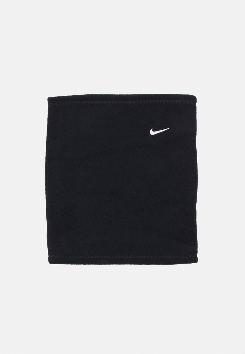 Gaiter pentru gât din fleece negru, cu o textură netedă și un logo alb Nike pe față; are o margine elastică atât în partea de sus, cât și în cea de jos.
