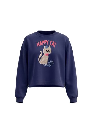 Marineblå langærmet sweatshirt med en beige kat, der bærer en blå hat og en pink butterfly ved siden af et garnnøgle, med "HAPPY CAT" tekst ovenover.